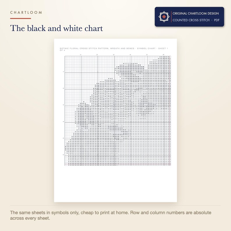 The black and white symbol chart from the rose wreath with crossed bones cross stitch pattern PDF, symbols only