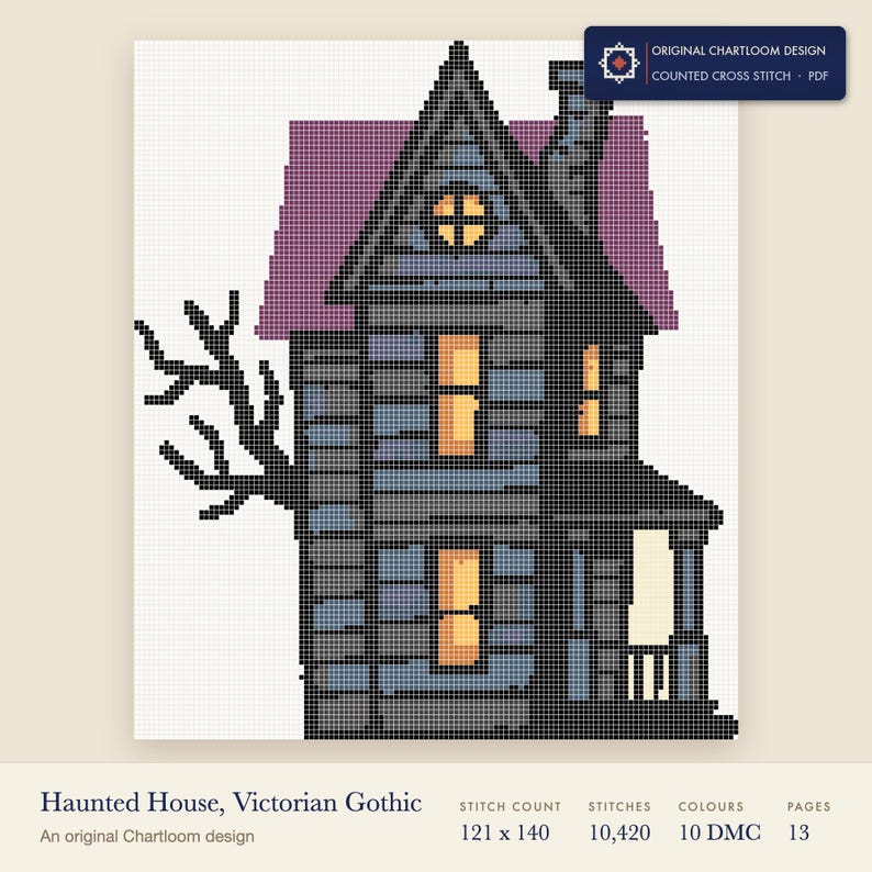 haunted house cross stitch chart shown as a colour preview with the stitch count and thread count
