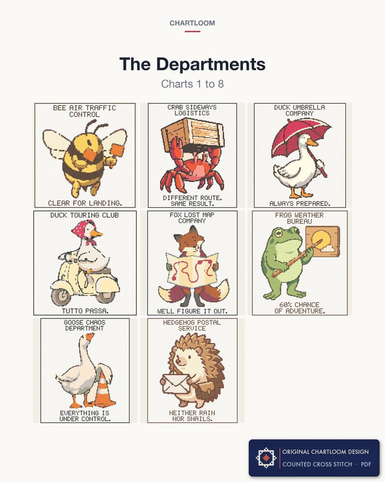 The first 8 cross stitch charts in the The Departments bundle