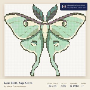 a luna moth cross stitch chart shown as a colour preview with the stitch count and thread count