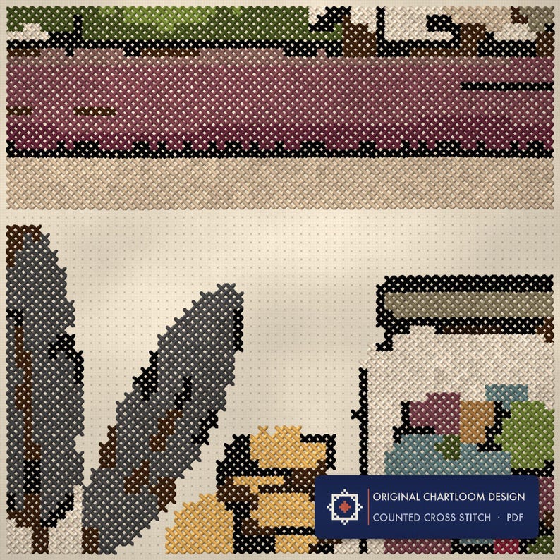 Close up of the a goblincore treasure shelf cross stitch design worked stitch by stitch, every cross and thread colour visible