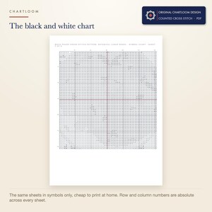 The black and white symbol chart from the a moon phase wheel cross stitch pattern PDF, symbols only
