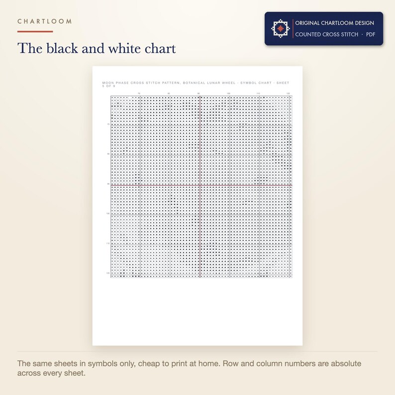 The black and white symbol chart from the a moon phase wheel cross stitch pattern PDF, symbols only