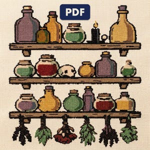 A finished an apothecary shelf wall cross stitch piece, stitched and framed on a wall