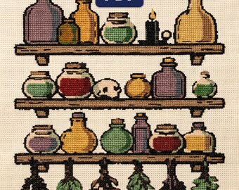 Patrón de punto de cruz de boticario, estante de pociones góticas para pared, decoración de brujas de gran tamaño, PDF, descarga instantánea.