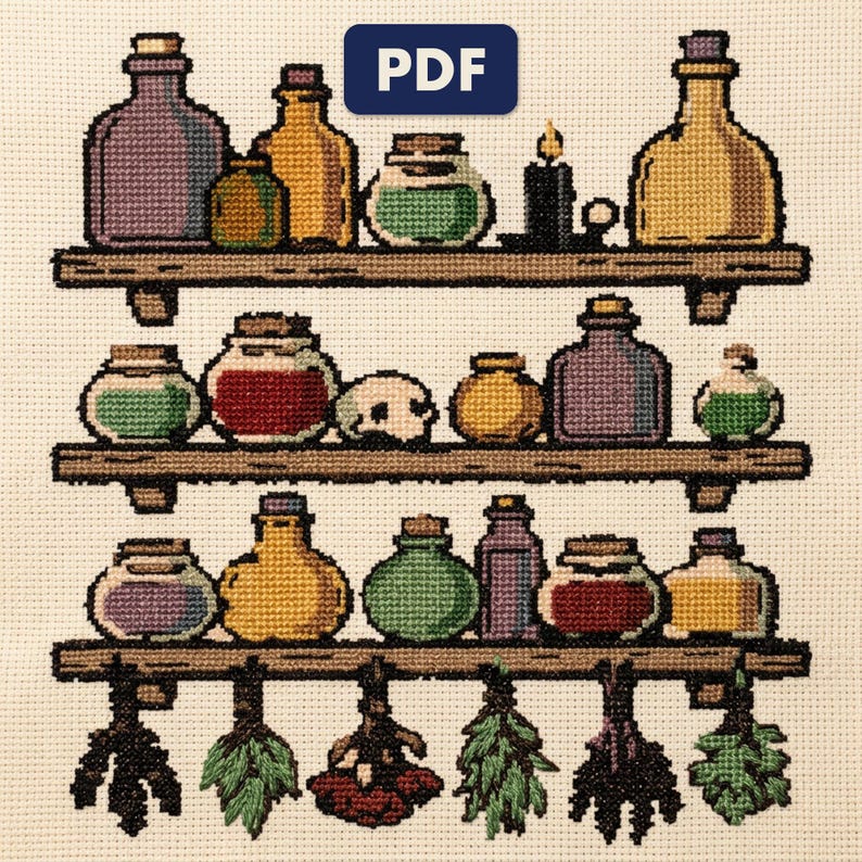 A finished an apothecary shelf wall cross stitch piece, stitched and framed on a wall