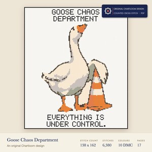 goose chaos department cross stitch chart shown as a colour preview with the stitch count and thread count