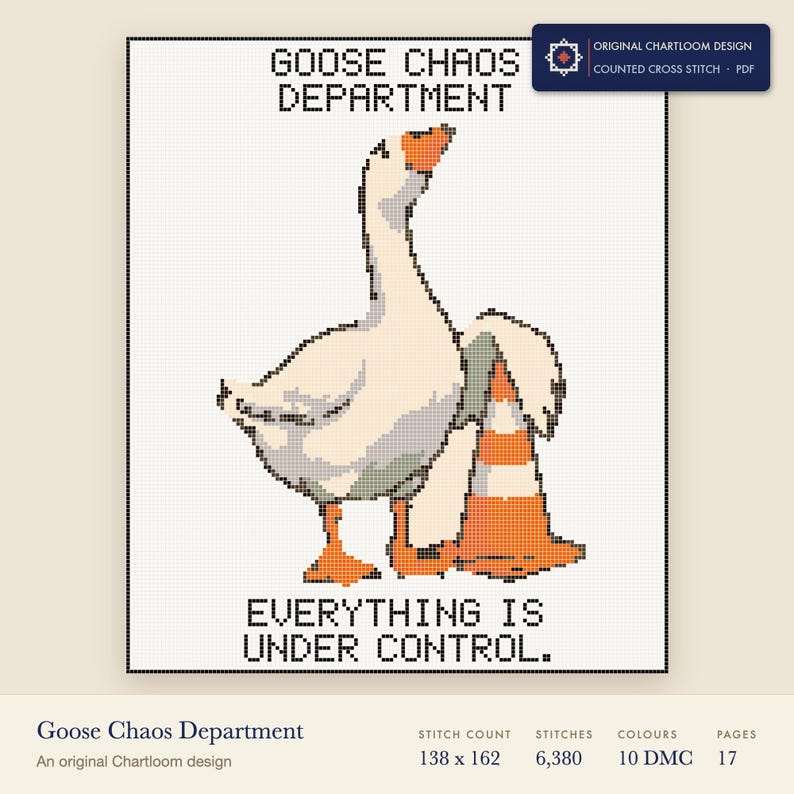 goose chaos department cross stitch chart shown as a colour preview with the stitch count and thread count