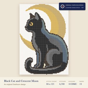 black cat under a crescent moon cross stitch chart shown as a colour preview with the stitch count and thread count
