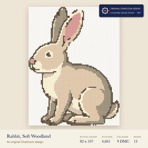 a rabbit cross stitch chart shown as a colour preview with the stitch count and thread count
