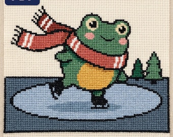 Patrón de punto de cruz de rana, gráfico de estanque invernal para patinaje sobre hielo, gran número contado divertido Navidad, PDF, descarga instantánea