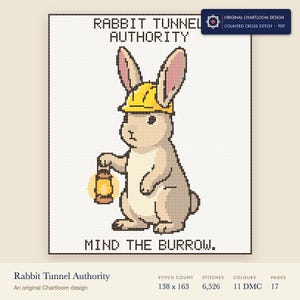 rabbit tunnel authority cross stitch chart shown as a colour preview with the stitch count and thread count