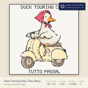 duck touring club cross stitch chart shown as a colour preview with the stitch count and thread count