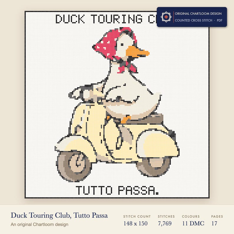 duck touring club cross stitch chart shown as a colour preview with the stitch count and thread count