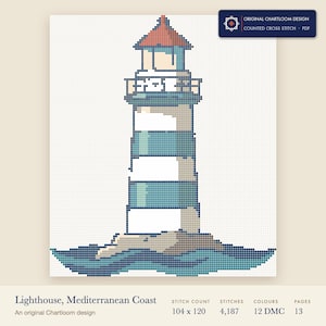 a lighthouse cross stitch chart shown as a colour preview with the stitch count and thread count