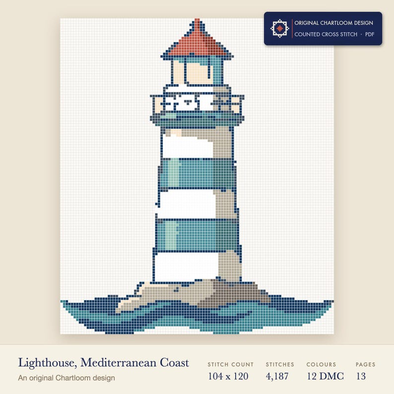 a lighthouse cross stitch chart shown as a colour preview with the stitch count and thread count