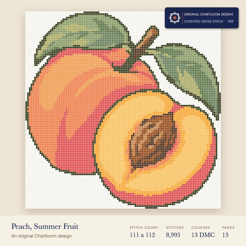 a peach cross stitch chart shown as a colour preview with the stitch count and thread count