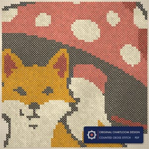 Close up of the fox cross stitch design worked stitch by stitch, every cross and thread colour visible