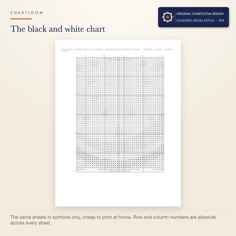The black and white symbol chart from the raccoon cross stitch pattern PDF, symbols only