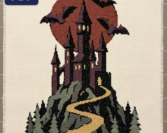 Patrón de punto de cruz de vampiro, castillo, luna de sangre y murciélagos, gráfico gótico grande contado, PDF, descarga instantánea.