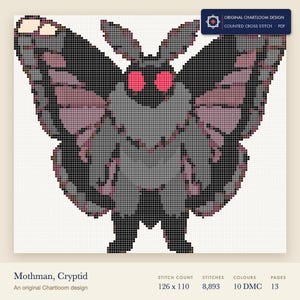 mothman cross stitch chart shown as a colour preview with the stitch count and thread count