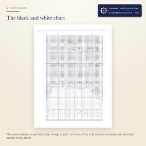 The black and white symbol chart from the duck touring club cross stitch pattern PDF, symbols only
