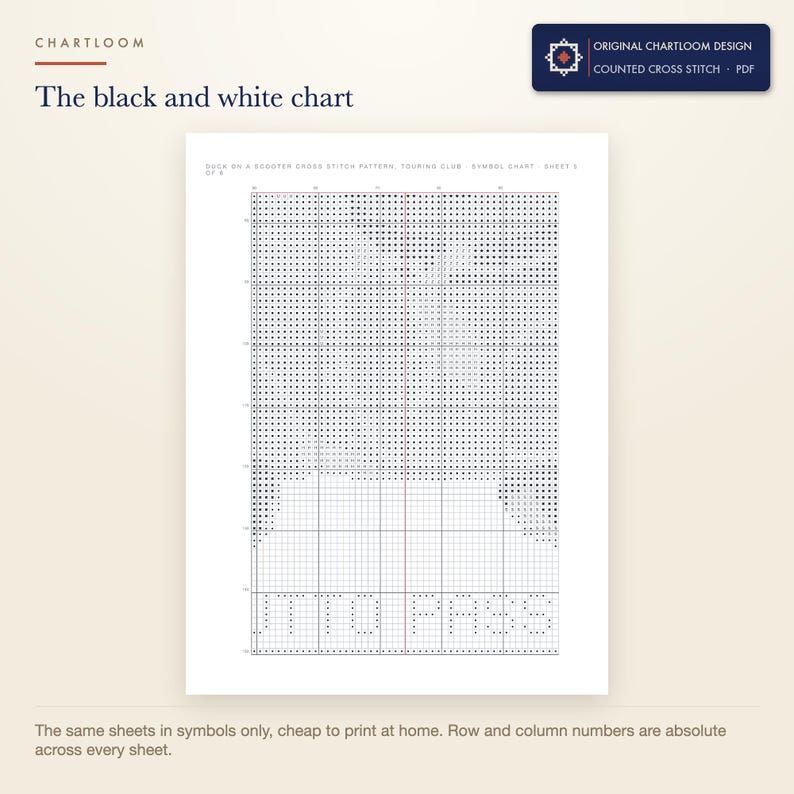 The black and white symbol chart from the duck touring club cross stitch pattern PDF, symbols only