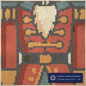 Close up of the a nutcracker and a mouse king cross stitch design worked stitch by stitch, every cross and thread colour visible