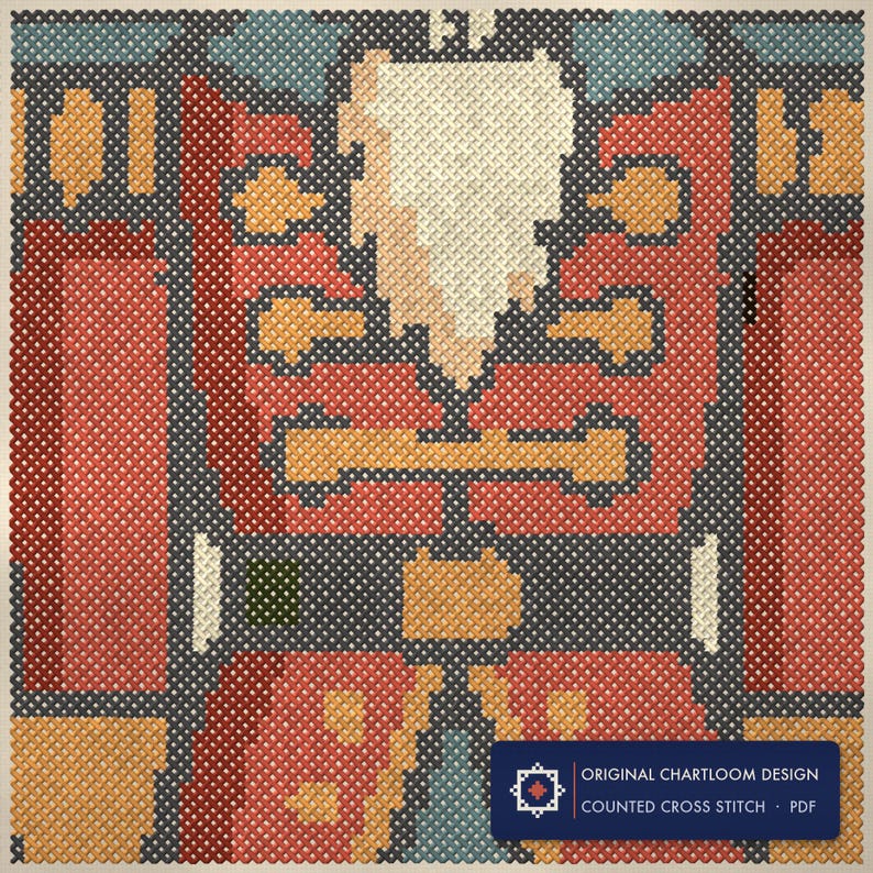 Close up of the a nutcracker and a mouse king cross stitch design worked stitch by stitch, every cross and thread colour visible