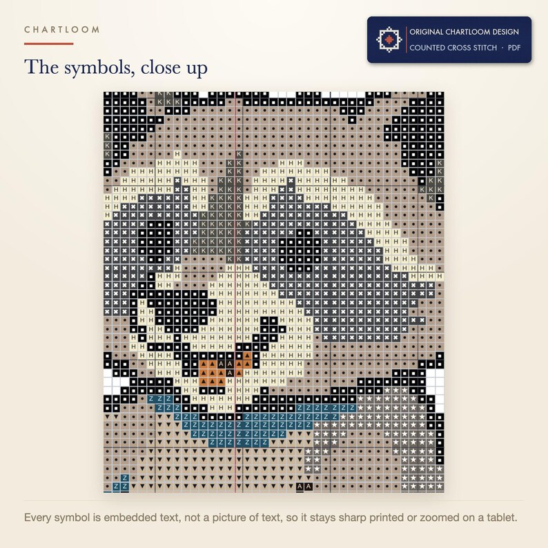 Close up of the printed symbols and grid on the raccoon recycling department cross stitch chart