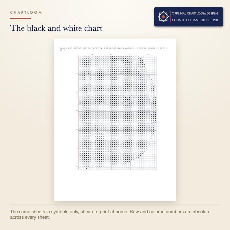 The black and white symbol chart from the black cat under a crescent moon cross stitch pattern PDF, symbols only