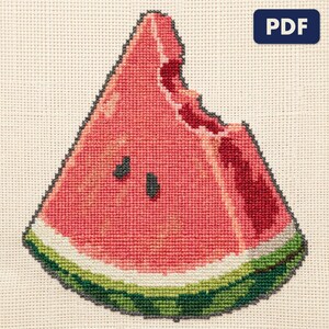 A finished a watermelon slice cross stitch piece, stitched and framed on a wall