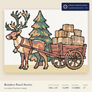a reindeer hauling parcels cross stitch chart shown as a colour preview with the stitch count and thread count