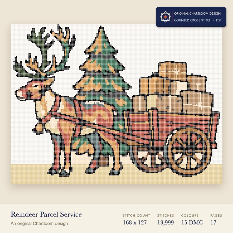 a reindeer hauling parcels cross stitch chart shown as a colour preview with the stitch count and thread count