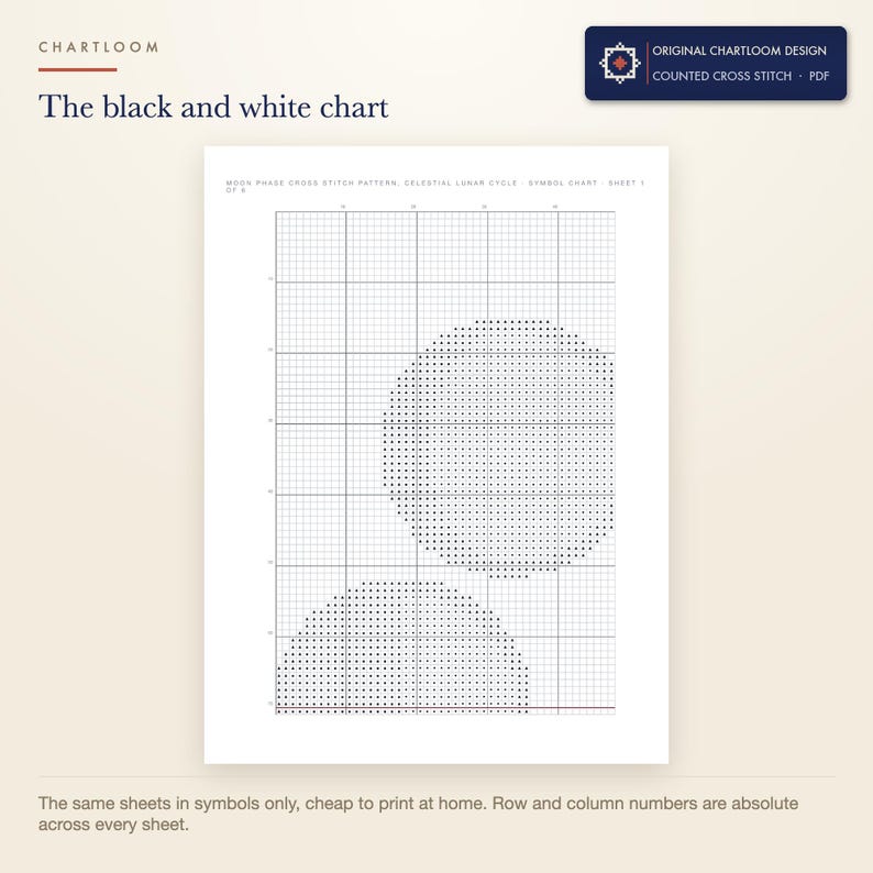 The black and white symbol chart from the ring of eight moon phases cross stitch pattern PDF, symbols only