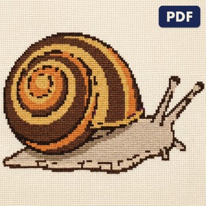 A finished a garden snail cross stitch piece, stitched and framed on a wall