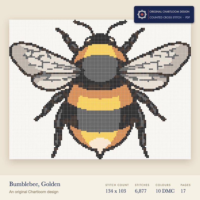 a bumblebee cross stitch chart shown as a colour preview with the stitch count and thread count