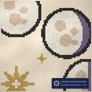 Close up of the ring of eight moon phases cross stitch design worked stitch by stitch, every cross and thread colour visible