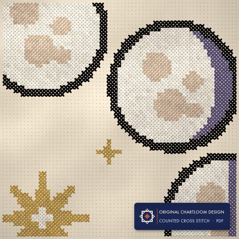 Close up of the ring of eight moon phases cross stitch design worked stitch by stitch, every cross and thread colour visible