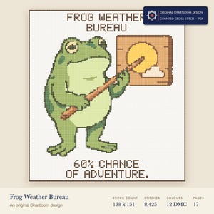 frog weather bureau cross stitch chart shown as a colour preview with the stitch count and thread count