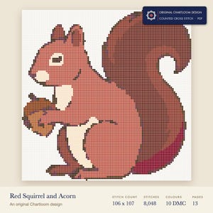 a red squirrel cross stitch chart shown as a colour preview with the stitch count and thread count