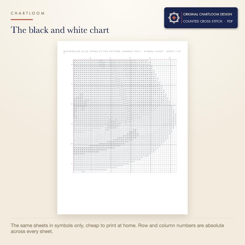 The black and white symbol chart from the a watermelon slice cross stitch pattern PDF, symbols only