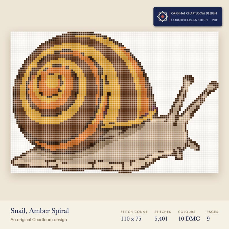a garden snail cross stitch chart shown as a colour preview with the stitch count and thread count