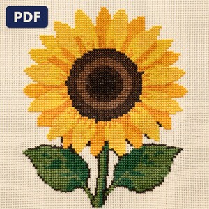 A finished a sunflower cross stitch piece, stitched and framed on a wall