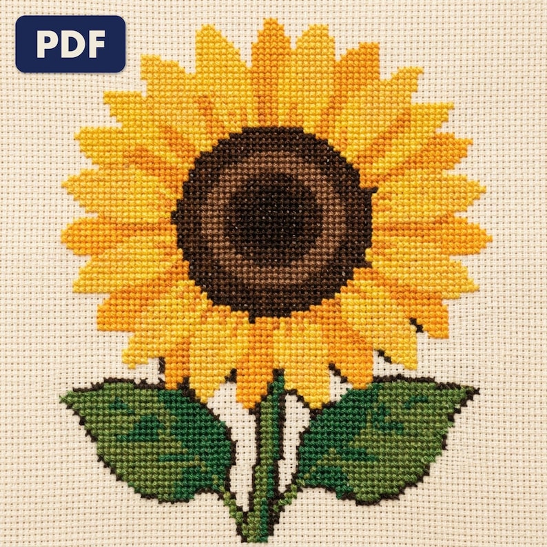 A finished a sunflower cross stitch piece, stitched and framed on a wall