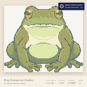 a garden frog cross stitch chart shown as a colour preview with the stitch count and thread count