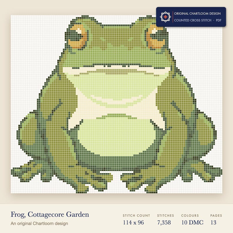 a garden frog cross stitch chart shown as a colour preview with the stitch count and thread count