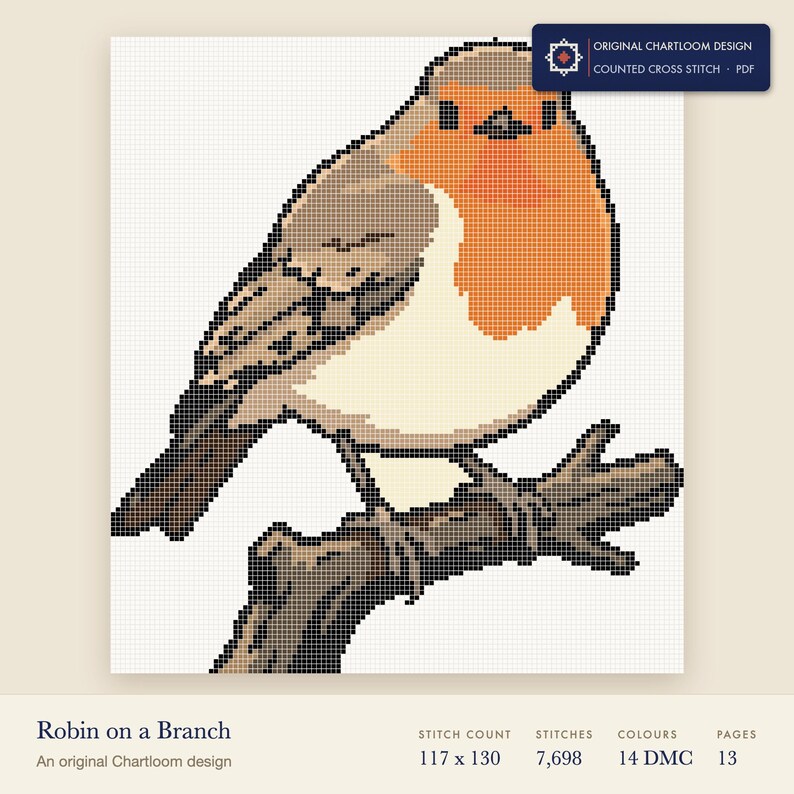 a robin cross stitch chart shown as a colour preview with the stitch count and thread count