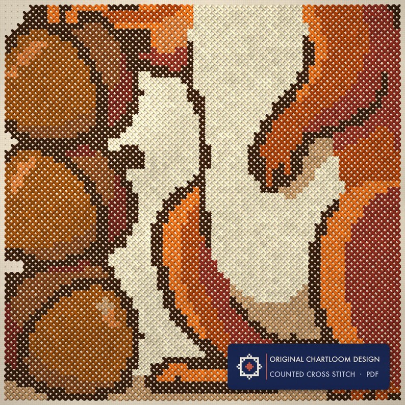 Close up of the squirrel acorn reserve cross stitch design worked stitch by stitch, every cross and thread colour visible