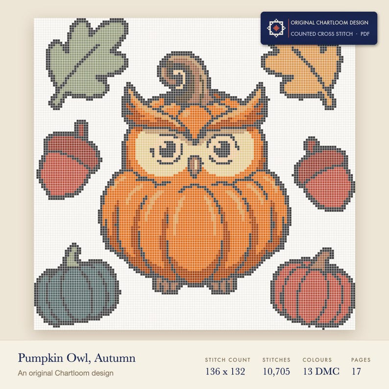 owl cross stitch chart shown as a colour preview with the stitch count and thread count